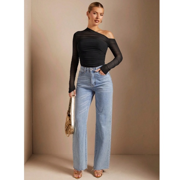 Black Mesh Ruched Asymmetrical Slim Fitted Shirt Tee Top Sheer - Picture 8 of 13